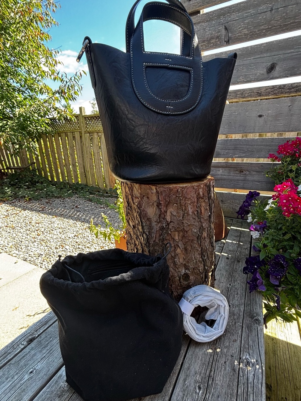 Black Vegan Leather Tote Bag with Contrast Stitching